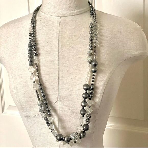 Long  double strand grey and clear beaded statement necklace - Picture 1 of 11